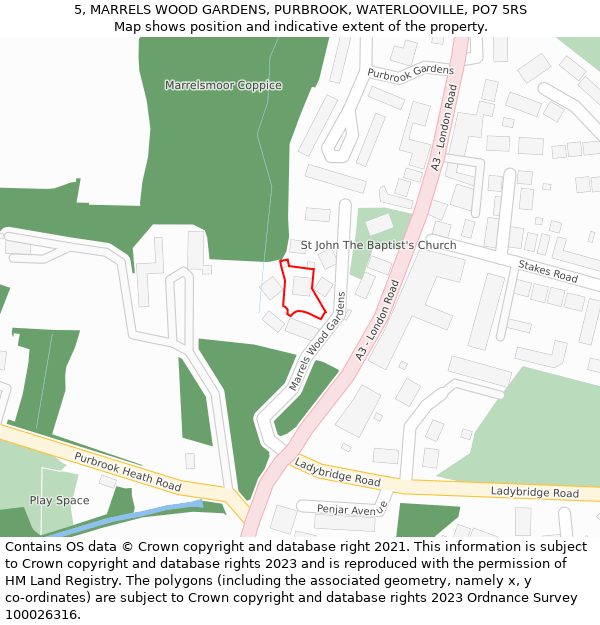 5, MARRELS WOOD GARDENS, PURBROOK, WATERLOOVILLE, PO7 5RS: Location map and indicative extent of plot