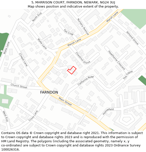 5, MARRISON COURT, FARNDON, NEWARK, NG24 3UJ: Location map and indicative extent of plot