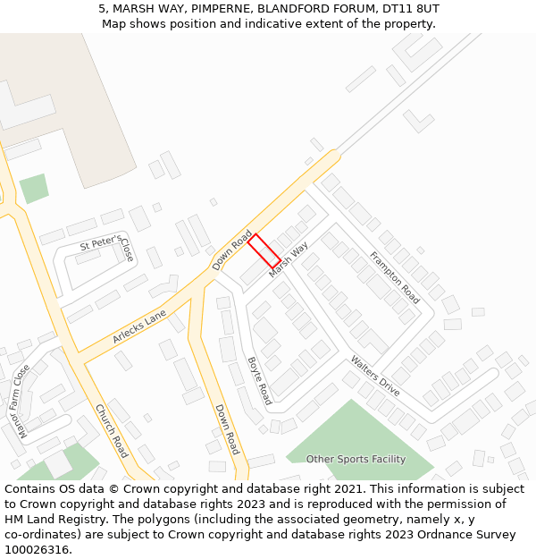 5, MARSH WAY, PIMPERNE, BLANDFORD FORUM, DT11 8UT: Location map and indicative extent of plot