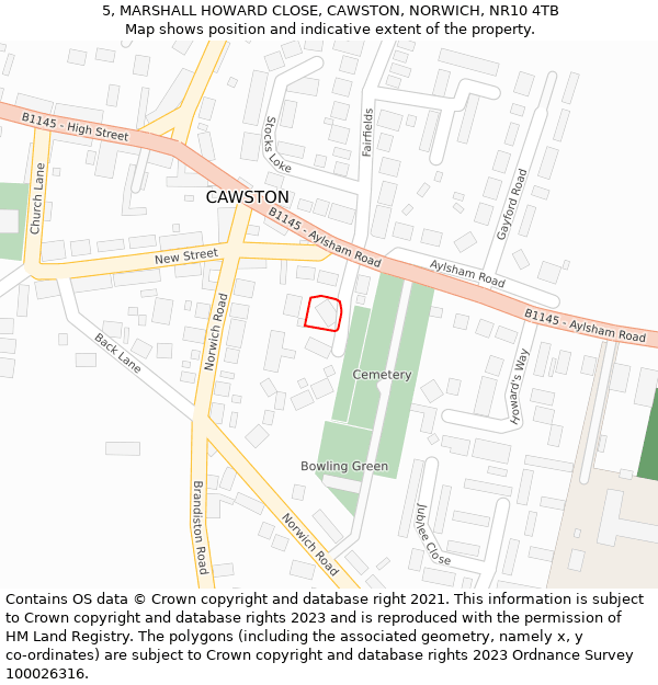 5, MARSHALL HOWARD CLOSE, CAWSTON, NORWICH, NR10 4TB: Location map and indicative extent of plot