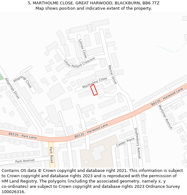 5, MARTHOLME CLOSE, GREAT HARWOOD, BLACKBURN, BB6 7TZ: Location map and indicative extent of plot