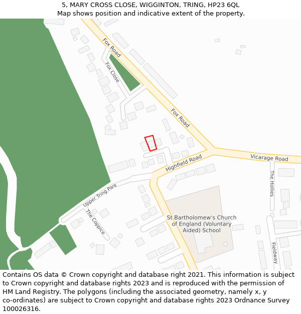 5, MARY CROSS CLOSE, WIGGINTON, TRING, HP23 6QL: Location map and indicative extent of plot