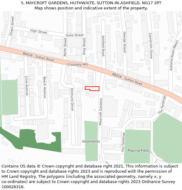 5, MAYCROFT GARDENS, HUTHWAITE, SUTTON-IN-ASHFIELD, NG17 2PT: Location map and indicative extent of plot