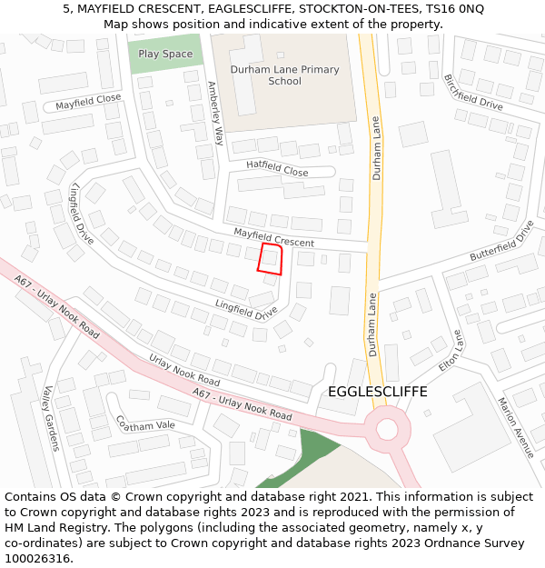 5, MAYFIELD CRESCENT, EAGLESCLIFFE, STOCKTON-ON-TEES, TS16 0NQ: Location map and indicative extent of plot