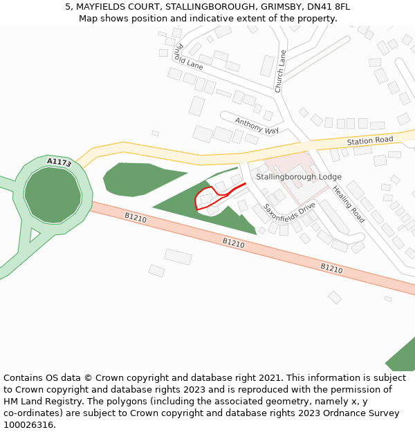 5, MAYFIELDS COURT, STALLINGBOROUGH, GRIMSBY, DN41 8FL: Location map and indicative extent of plot