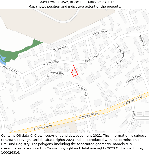 5, MAYFLOWER WAY, RHOOSE, BARRY, CF62 3HR: Location map and indicative extent of plot