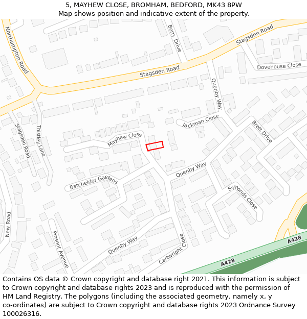 5, MAYHEW CLOSE, BROMHAM, BEDFORD, MK43 8PW: Location map and indicative extent of plot