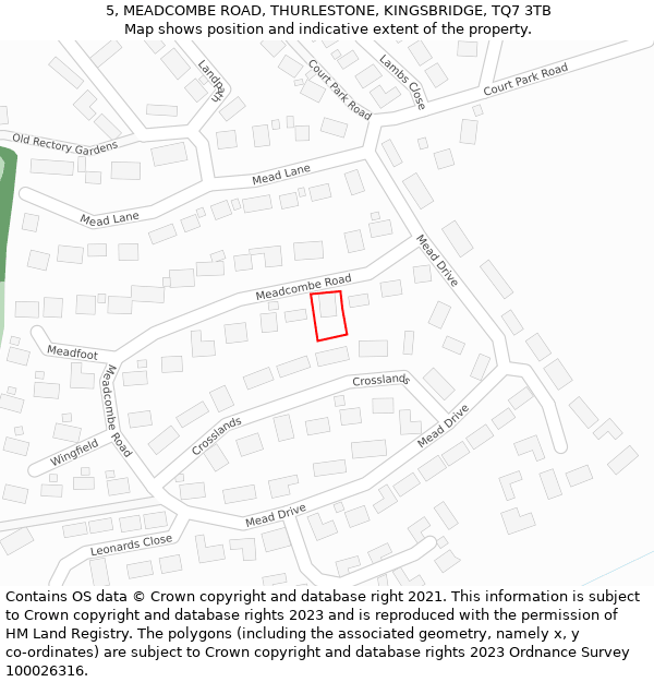 5, MEADCOMBE ROAD, THURLESTONE, KINGSBRIDGE, TQ7 3TB: Location map and indicative extent of plot