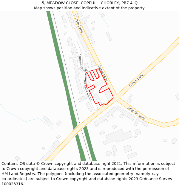 5, MEADOW CLOSE, COPPULL, CHORLEY, PR7 4LQ: Location map and indicative extent of plot