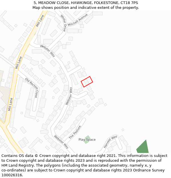 5, MEADOW CLOSE, HAWKINGE, FOLKESTONE, CT18 7PS: Location map and indicative extent of plot