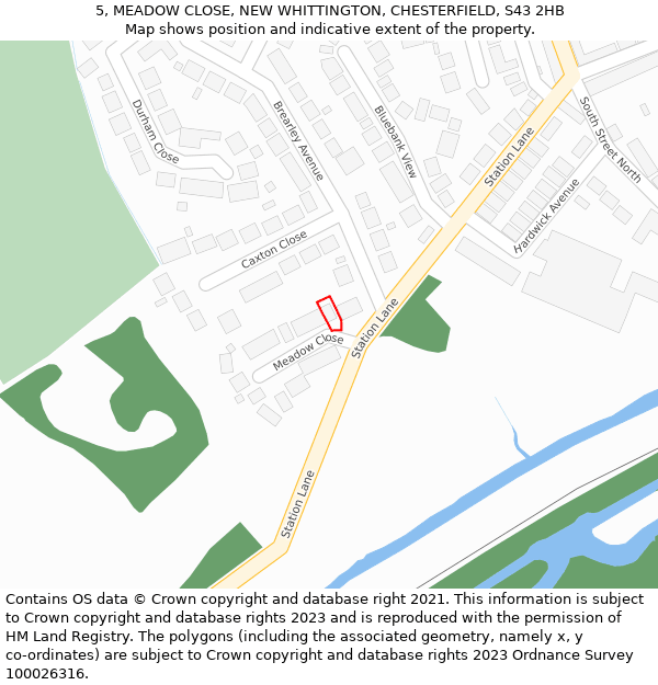 5, MEADOW CLOSE, NEW WHITTINGTON, CHESTERFIELD, S43 2HB: Location map and indicative extent of plot