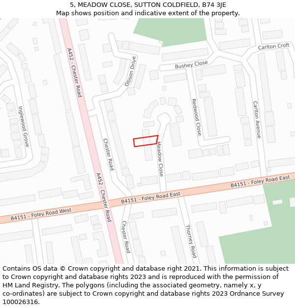 5, MEADOW CLOSE, SUTTON COLDFIELD, B74 3JE: Location map and indicative extent of plot