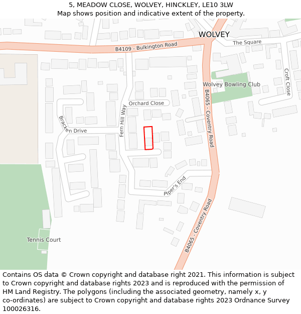 5, MEADOW CLOSE, WOLVEY, HINCKLEY, LE10 3LW: Location map and indicative extent of plot