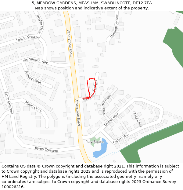 5, MEADOW GARDENS, MEASHAM, SWADLINCOTE, DE12 7EA: Location map and indicative extent of plot