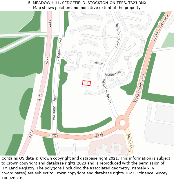 5, MEADOW HILL, SEDGEFIELD, STOCKTON-ON-TEES, TS21 3NX: Location map and indicative extent of plot