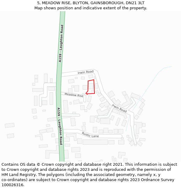 5, MEADOW RISE, BLYTON, GAINSBOROUGH, DN21 3LT: Location map and indicative extent of plot