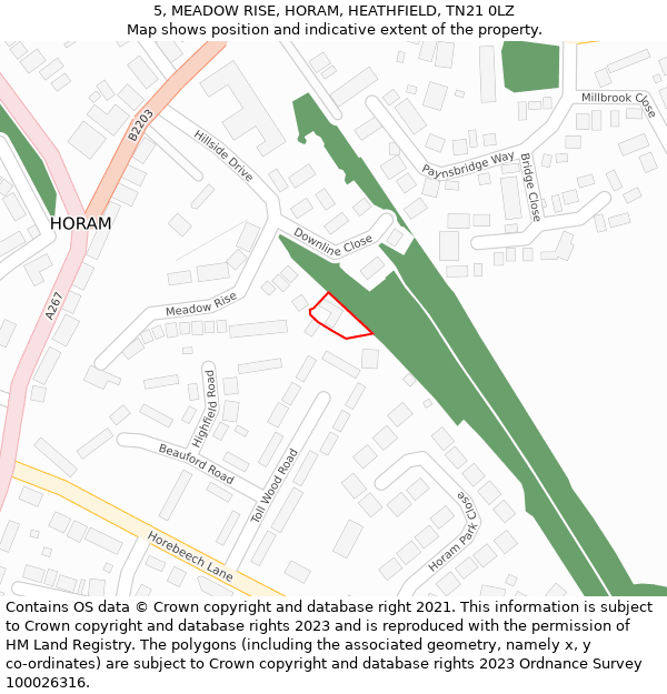 5, MEADOW RISE, HORAM, HEATHFIELD, TN21 0LZ: Location map and indicative extent of plot