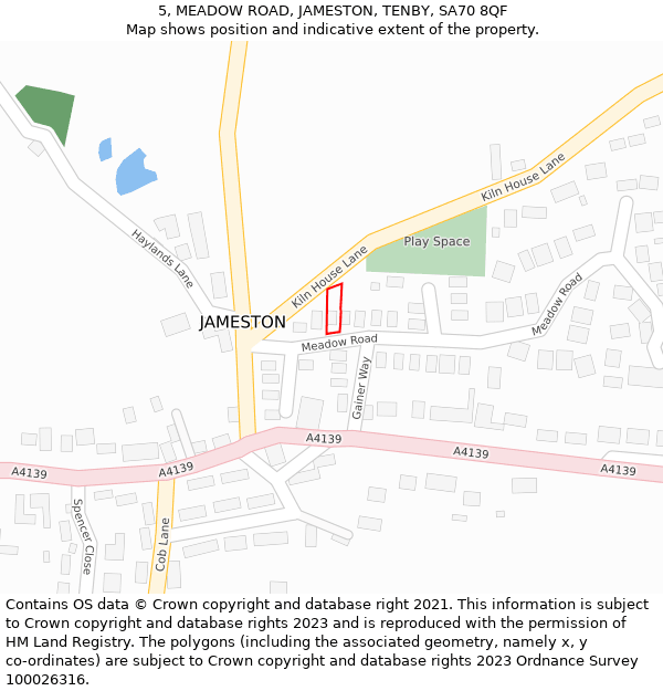 5, MEADOW ROAD, JAMESTON, TENBY, SA70 8QF: Location map and indicative extent of plot