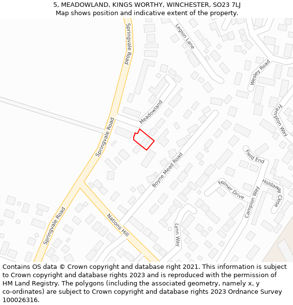 5, MEADOWLAND, KINGS WORTHY, WINCHESTER, SO23 7LJ: Location map and indicative extent of plot