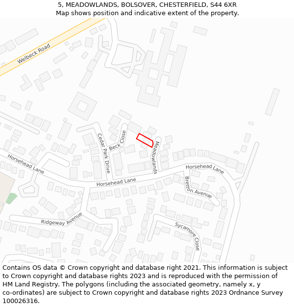 5, MEADOWLANDS, BOLSOVER, CHESTERFIELD, S44 6XR: Location map and indicative extent of plot