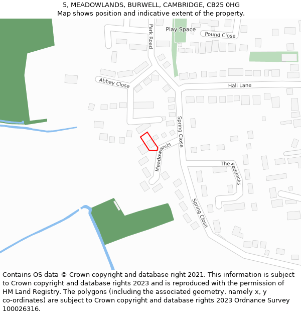 5, MEADOWLANDS, BURWELL, CAMBRIDGE, CB25 0HG: Location map and indicative extent of plot