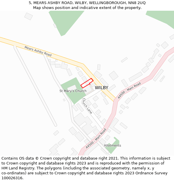 5, MEARS ASHBY ROAD, WILBY, WELLINGBOROUGH, NN8 2UQ: Location map and indicative extent of plot