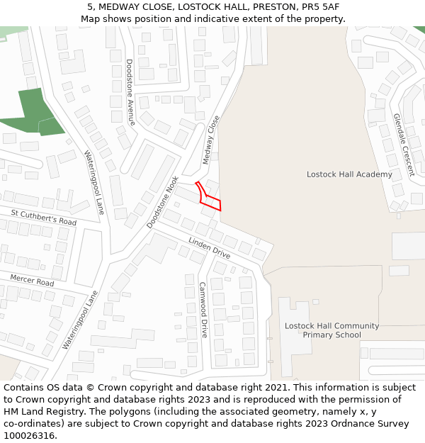 5, MEDWAY CLOSE, LOSTOCK HALL, PRESTON, PR5 5AF: Location map and indicative extent of plot