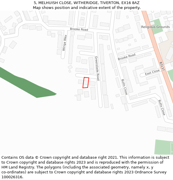 5, MELHUISH CLOSE, WITHERIDGE, TIVERTON, EX16 8AZ: Location map and indicative extent of plot