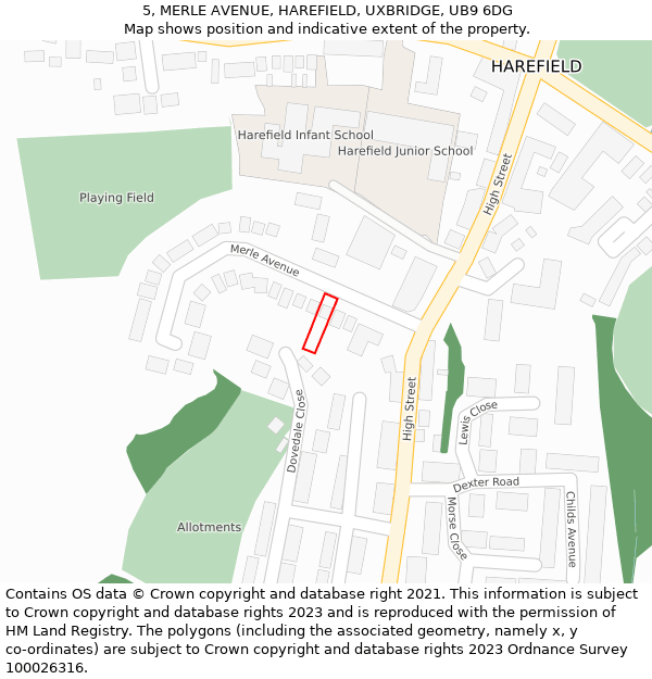 5, MERLE AVENUE, HAREFIELD, UXBRIDGE, UB9 6DG: Location map and indicative extent of plot