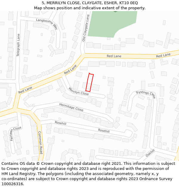 5, MERRILYN CLOSE, CLAYGATE, ESHER, KT10 0EQ: Location map and indicative extent of plot