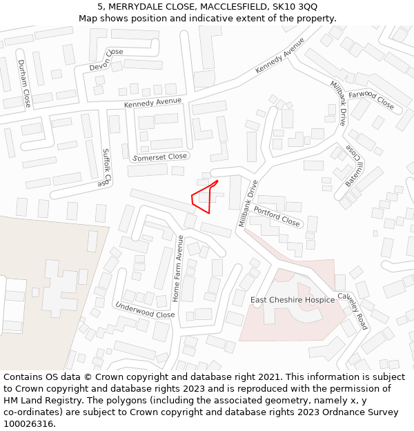 5, MERRYDALE CLOSE, MACCLESFIELD, SK10 3QQ: Location map and indicative extent of plot