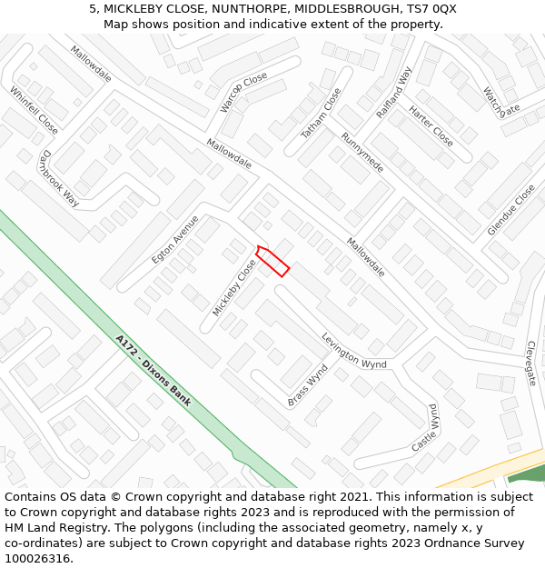 5, MICKLEBY CLOSE, NUNTHORPE, MIDDLESBROUGH, TS7 0QX: Location map and indicative extent of plot