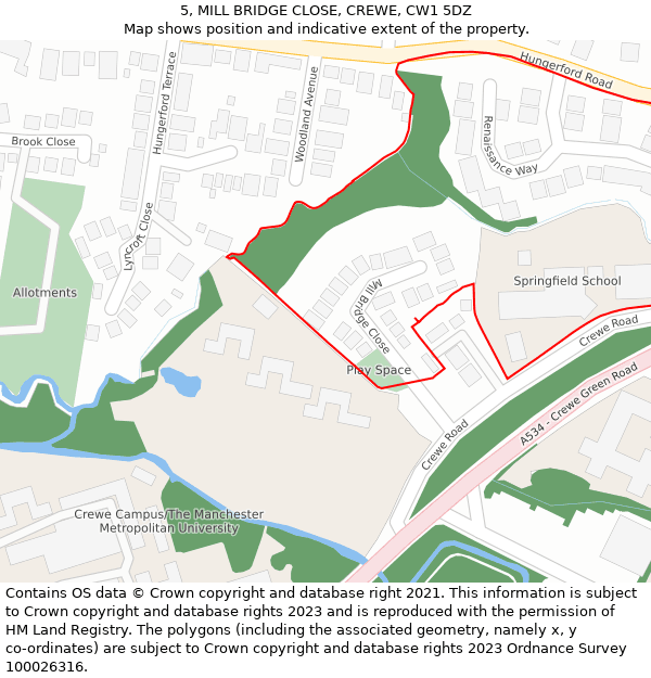 5, MILL BRIDGE CLOSE, CREWE, CW1 5DZ: Location map and indicative extent of plot