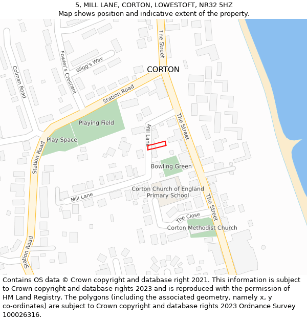 5, MILL LANE, CORTON, LOWESTOFT, NR32 5HZ: Location map and indicative extent of plot