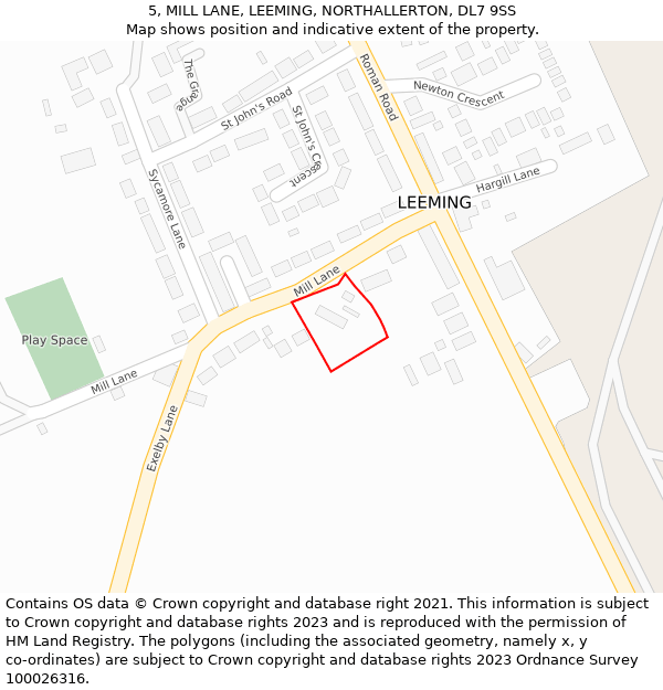 5, MILL LANE, LEEMING, NORTHALLERTON, DL7 9SS: Location map and indicative extent of plot