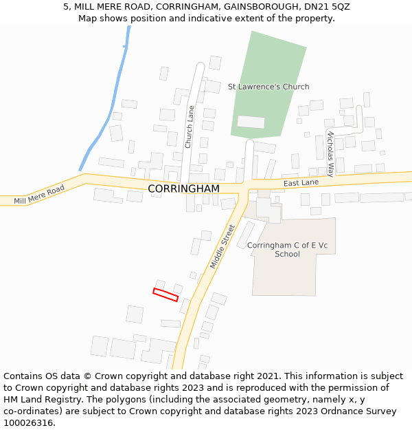 5, MILL MERE ROAD, CORRINGHAM, GAINSBOROUGH, DN21 5QZ: Location map and indicative extent of plot