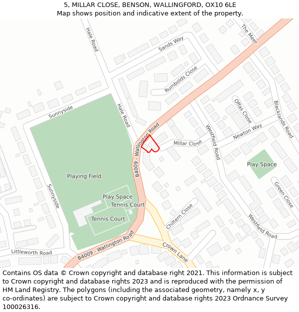 5, MILLAR CLOSE, BENSON, WALLINGFORD, OX10 6LE: Location map and indicative extent of plot