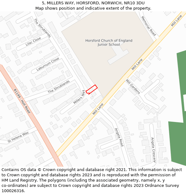 5, MILLERS WAY, HORSFORD, NORWICH, NR10 3DU: Location map and indicative extent of plot