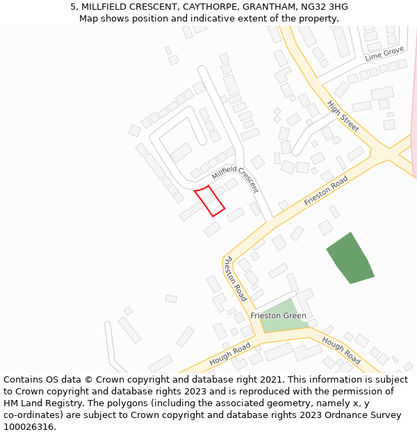 5, MILLFIELD CRESCENT, CAYTHORPE, GRANTHAM, NG32 3HG: Location map and indicative extent of plot
