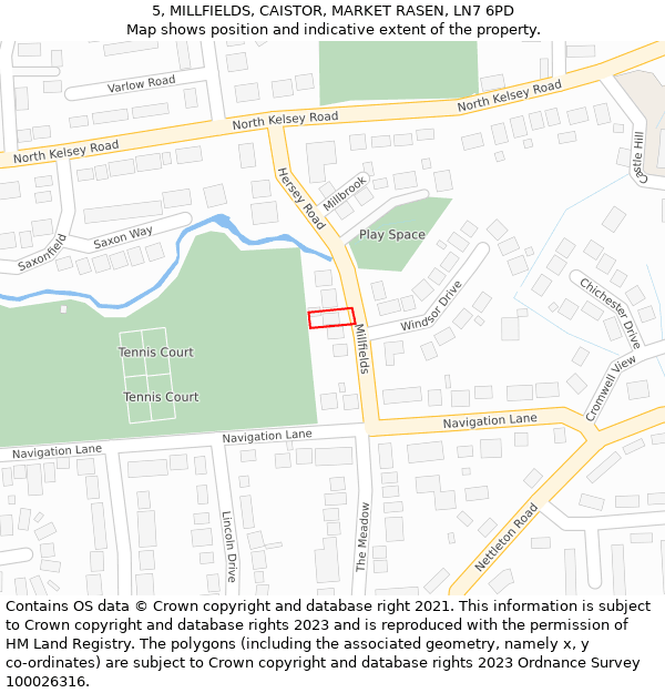 5, MILLFIELDS, CAISTOR, MARKET RASEN, LN7 6PD: Location map and indicative extent of plot