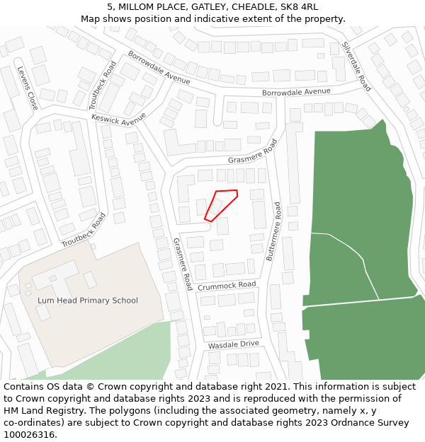 5, MILLOM PLACE, GATLEY, CHEADLE, SK8 4RL: Location map and indicative extent of plot