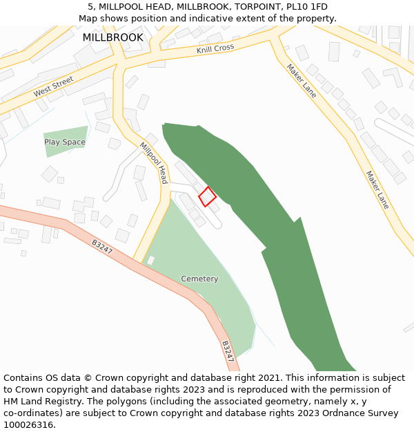 5, MILLPOOL HEAD, MILLBROOK, TORPOINT, PL10 1FD: Location map and indicative extent of plot