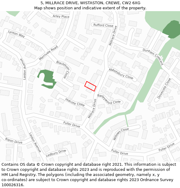 5, MILLRACE DRIVE, WISTASTON, CREWE, CW2 6XG: Location map and indicative extent of plot