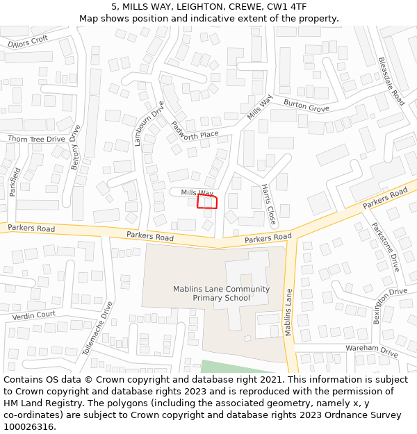 5, MILLS WAY, LEIGHTON, CREWE, CW1 4TF: Location map and indicative extent of plot