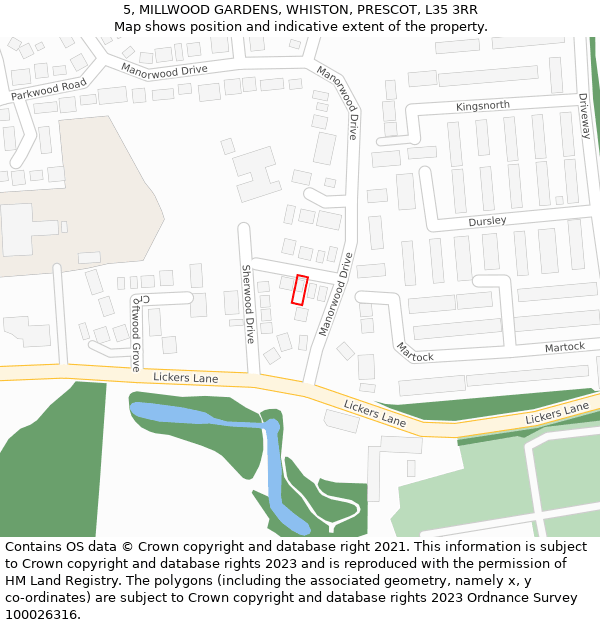 5, MILLWOOD GARDENS, WHISTON, PRESCOT, L35 3RR: Location map and indicative extent of plot