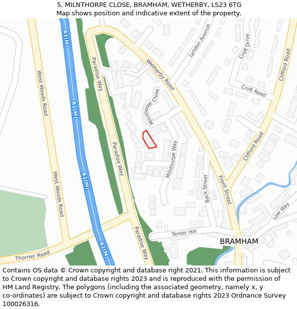 5, MILNTHORPE CLOSE, BRAMHAM, WETHERBY, LS23 6TG: Location map and indicative extent of plot