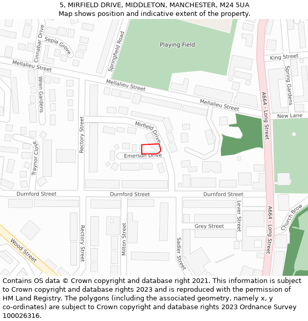 5, MIRFIELD DRIVE, MIDDLETON, MANCHESTER, M24 5UA: Location map and indicative extent of plot