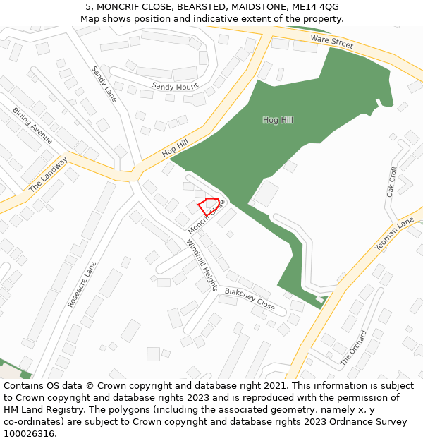 5, MONCRIF CLOSE, BEARSTED, MAIDSTONE, ME14 4QG: Location map and indicative extent of plot