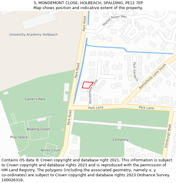 5, MONDEMONT CLOSE, HOLBEACH, SPALDING, PE12 7EP: Location map and indicative extent of plot