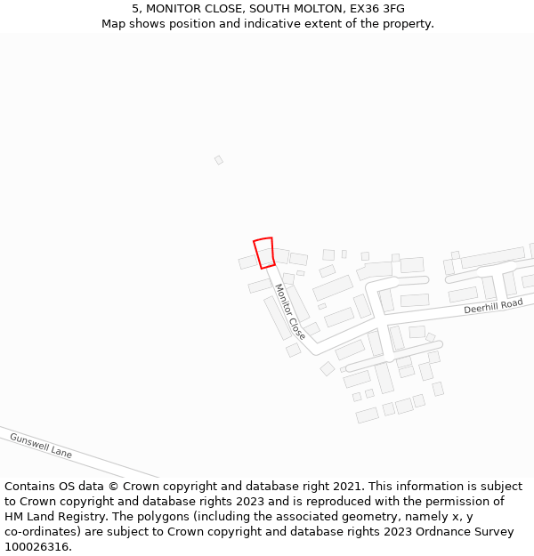 5, MONITOR CLOSE, SOUTH MOLTON, EX36 3FG: Location map and indicative extent of plot